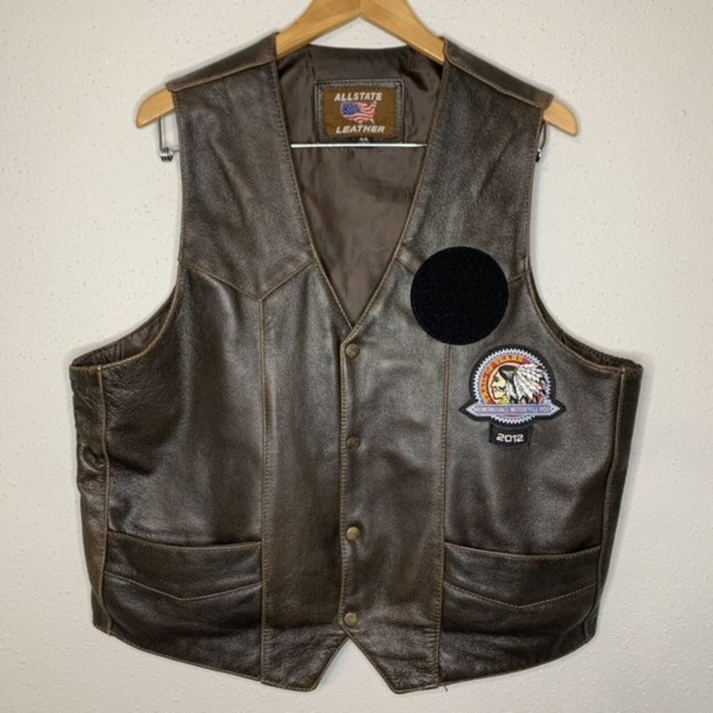 Allstate‎ Leather Men's Biker Vest Sz 48 Harley Davidson Patches Genuine Leather